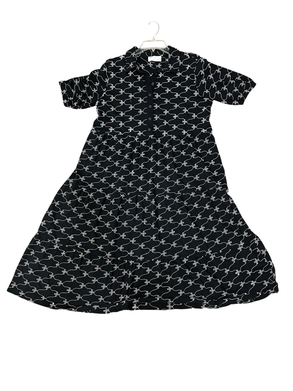 ASOS Black Midi shirt Dress with White embroidered Chain-Link eyelet detail. - Picture 8 of 10